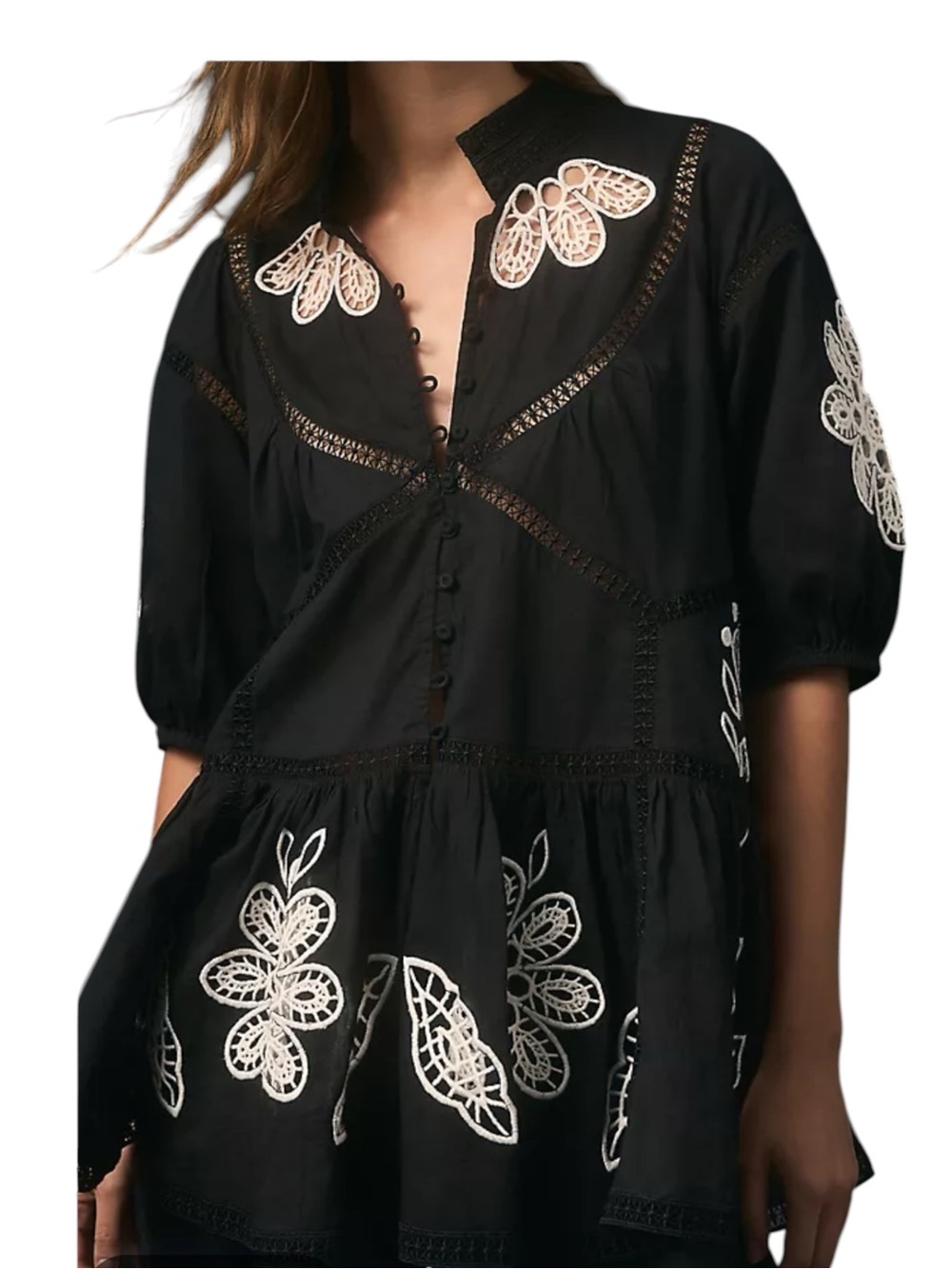 Forever That Girl Anthropologie Black Peasant Blouse Floral Lace Embroidery